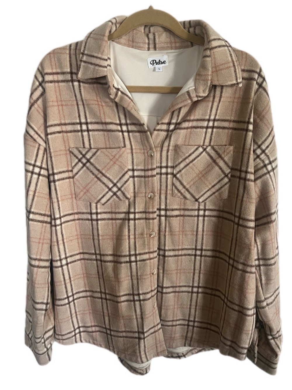 Pulse Boutique Harvest Taupe Brown Plaid Button-Down Shacket Jacket Fall Style